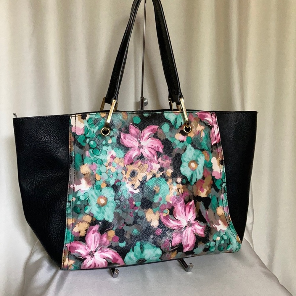 Floral and black faux leather Neiman Marcus tote